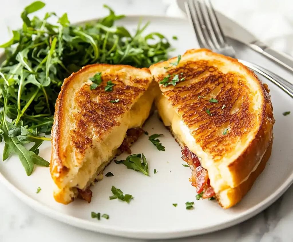 Donut grilled cheese with bacon served with a fresh side salad on marble.