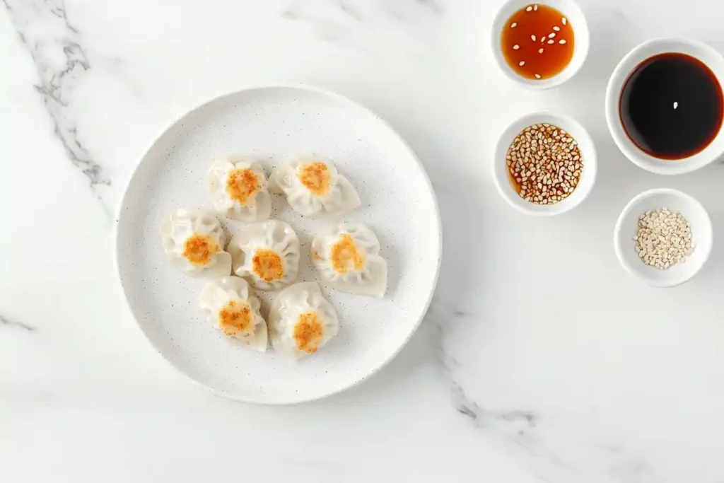 Dumplings served on a marble platter with soy dipping sauce and garnishes like sesame seeds and herbs.