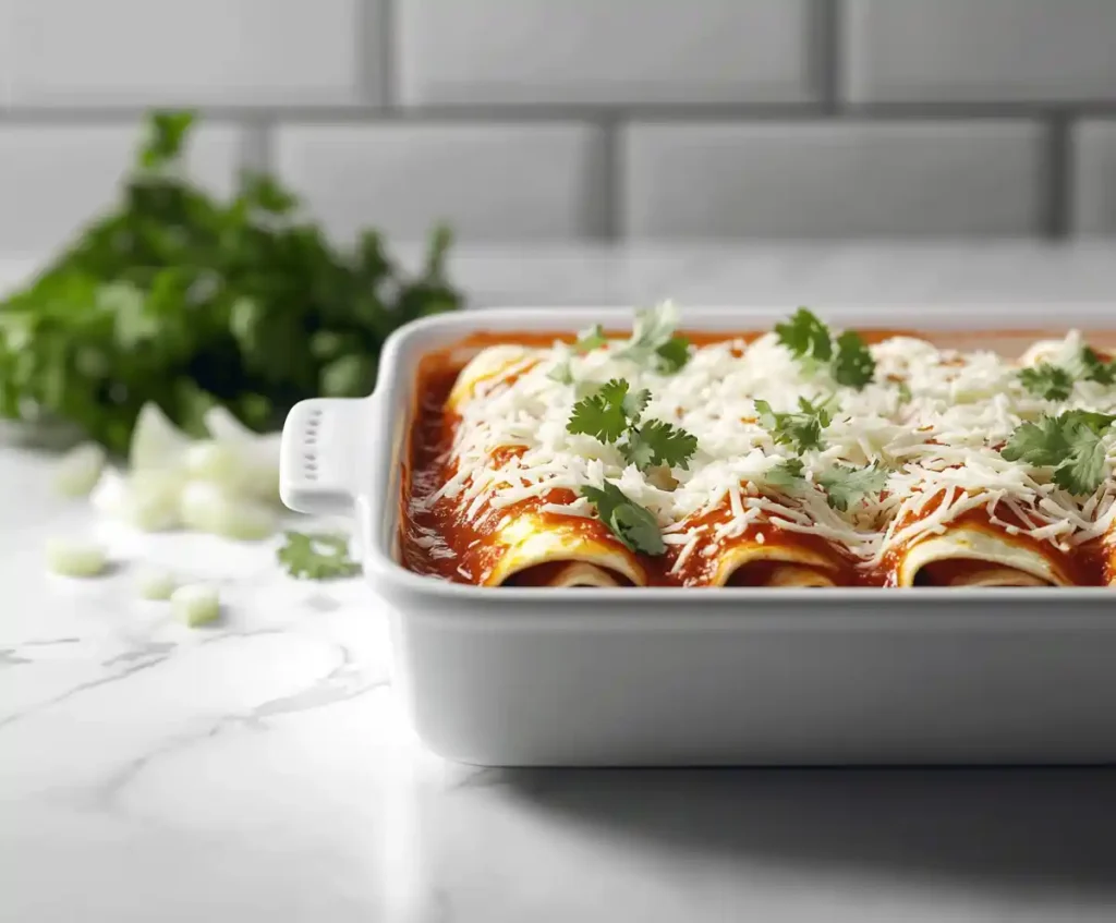 Unbaked tortillas filled with chicken and topped with sauce and cheese in a baking dish.