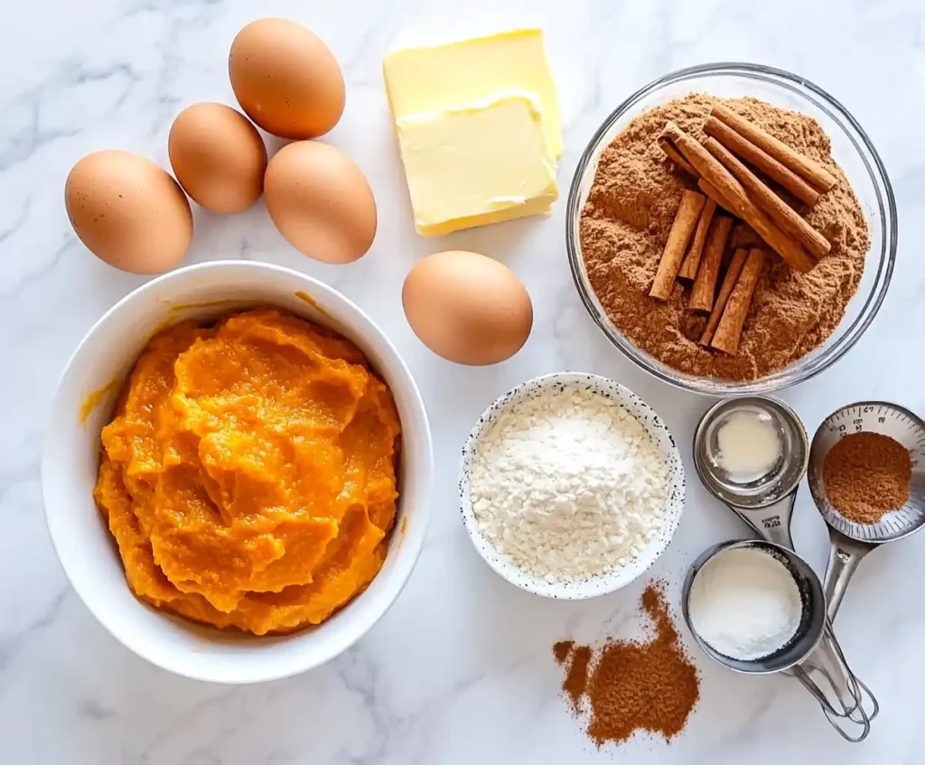 Flat-lay of ingredients for pumpkin pie cinnamon rolls on a white marble surface.