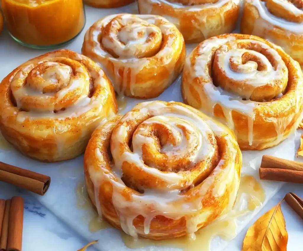 Close-up of freshly baked pumpkin pie cinnamon rolls on white marble.