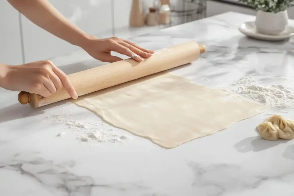 Hands rolling dough on a white marble countertop with flour scattered around.