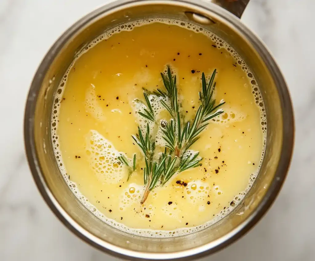 Rosemary-infused butter in a saucepan on white marble.