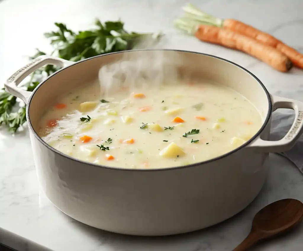 A pot of creamy vegetable soup simmering with steam rising.