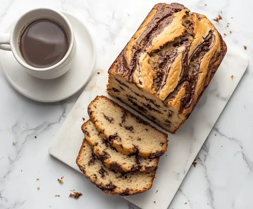 Sliced marbled banana bread served with coffee on a white marble board.