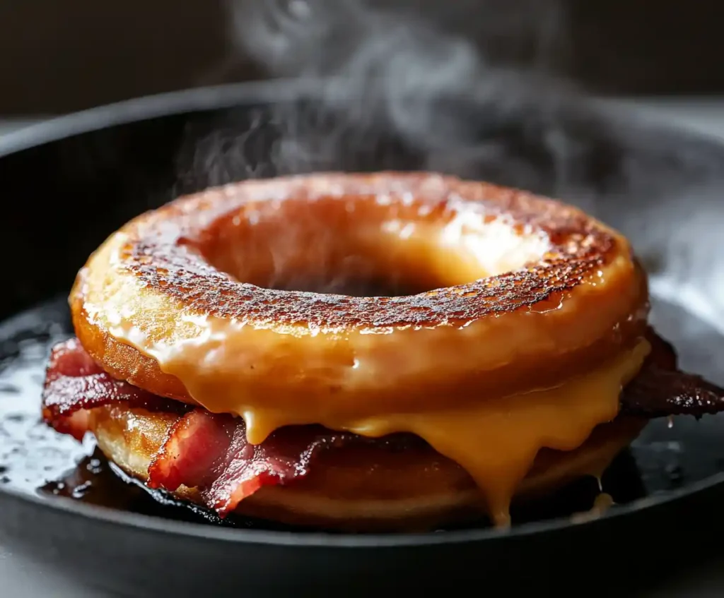 Donut grilled cheese with bacon toasting in a skillet on marble, with butter sizzling.