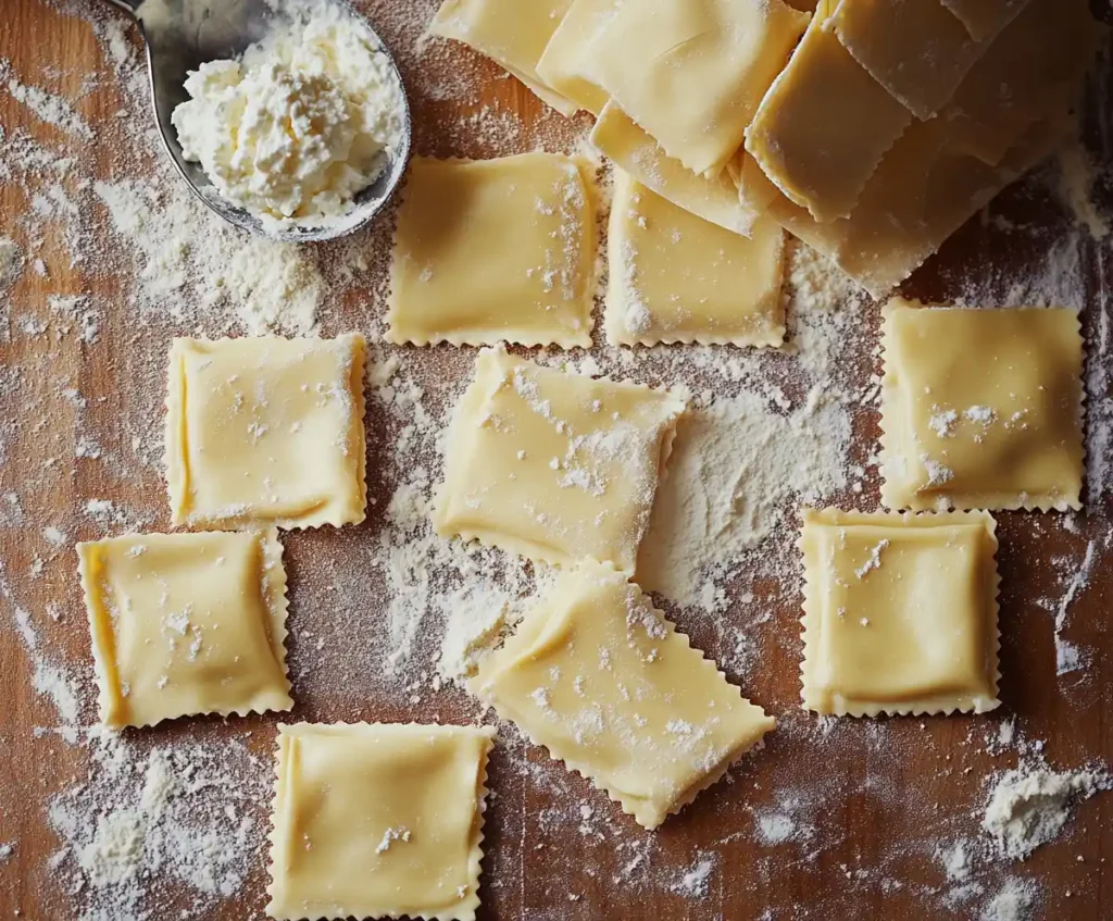 Tortellini dough being prepared with cheese filling.