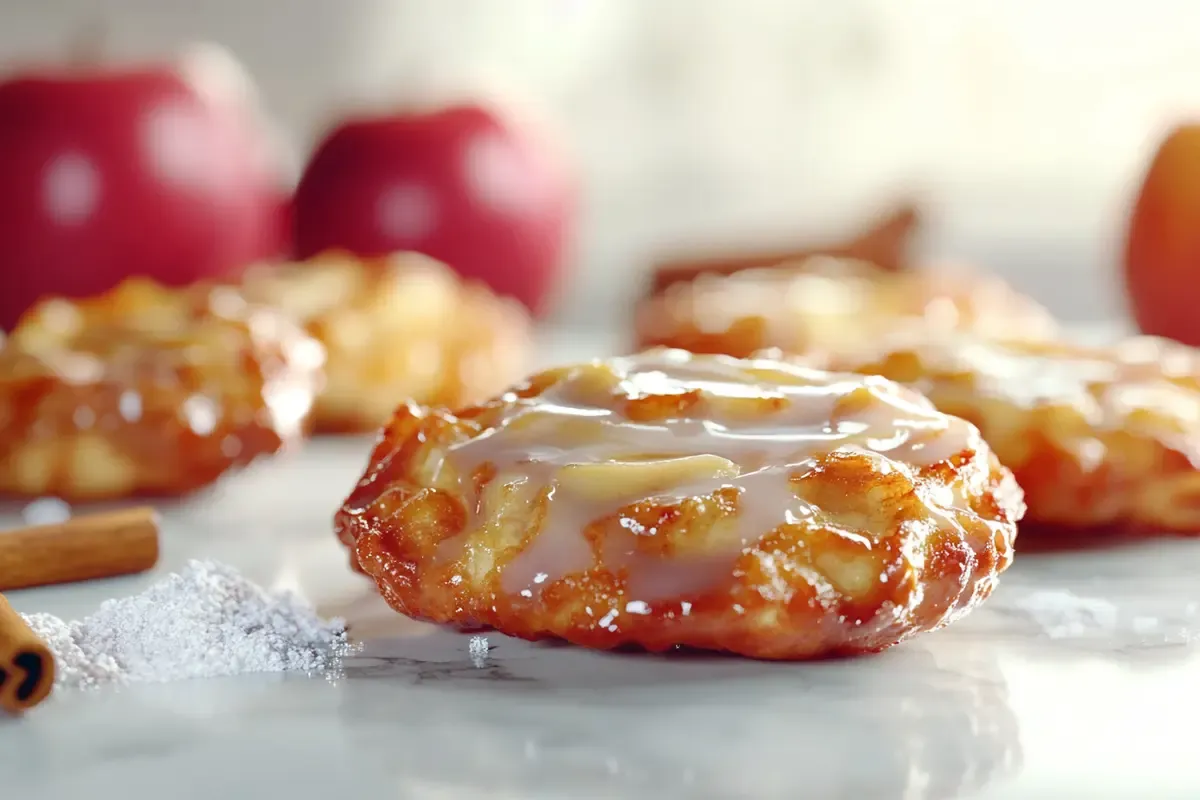 Golden brown apple fritters with glaze on a white marble countertop