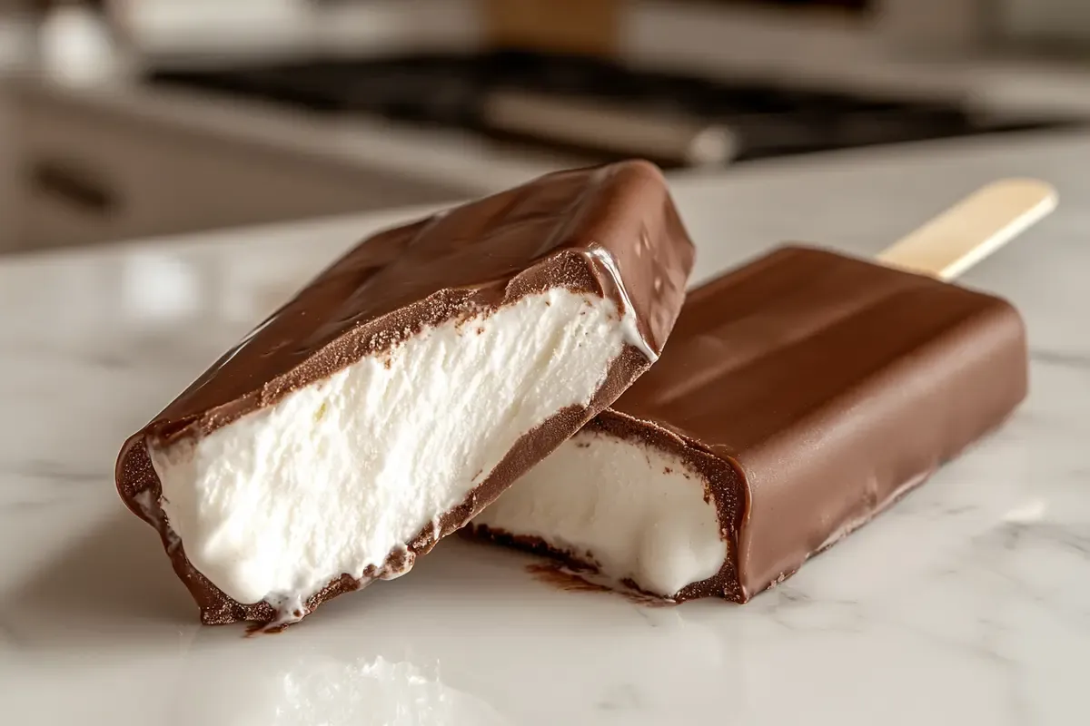 Homemade Eskimo Pie popsicle with a bite taken out