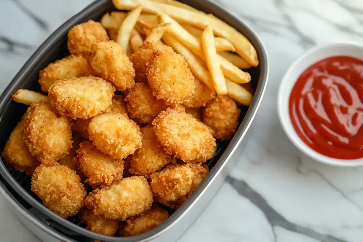 Air fryer with crispy frozen french fries and chicken nuggets