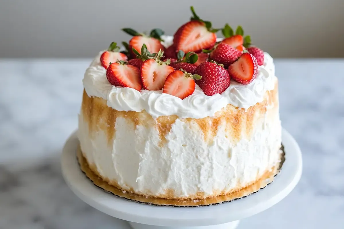 Angel food cake with light whipped frosting and strawberries