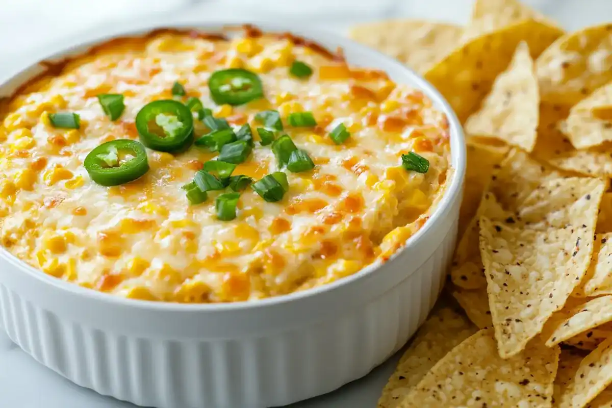 Bowl of creamy corn dip with tortilla chips