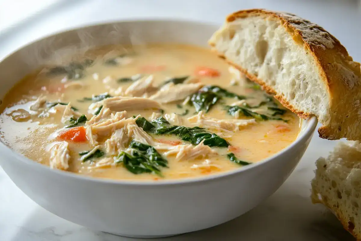 Bowl of creamy chicken Florentine soup with bread