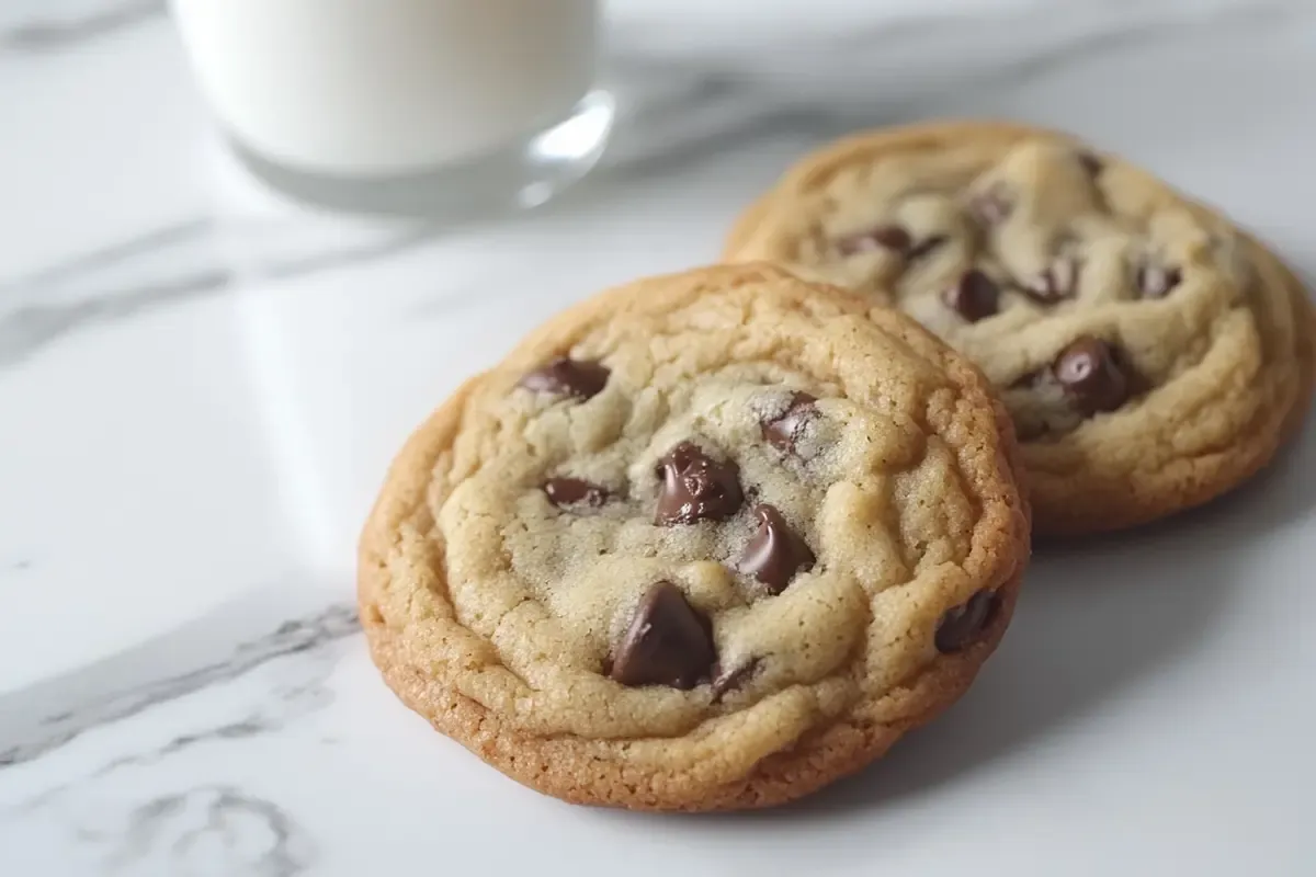 Soft, chewy Crisco Chocolate Chip Cookies on white marble