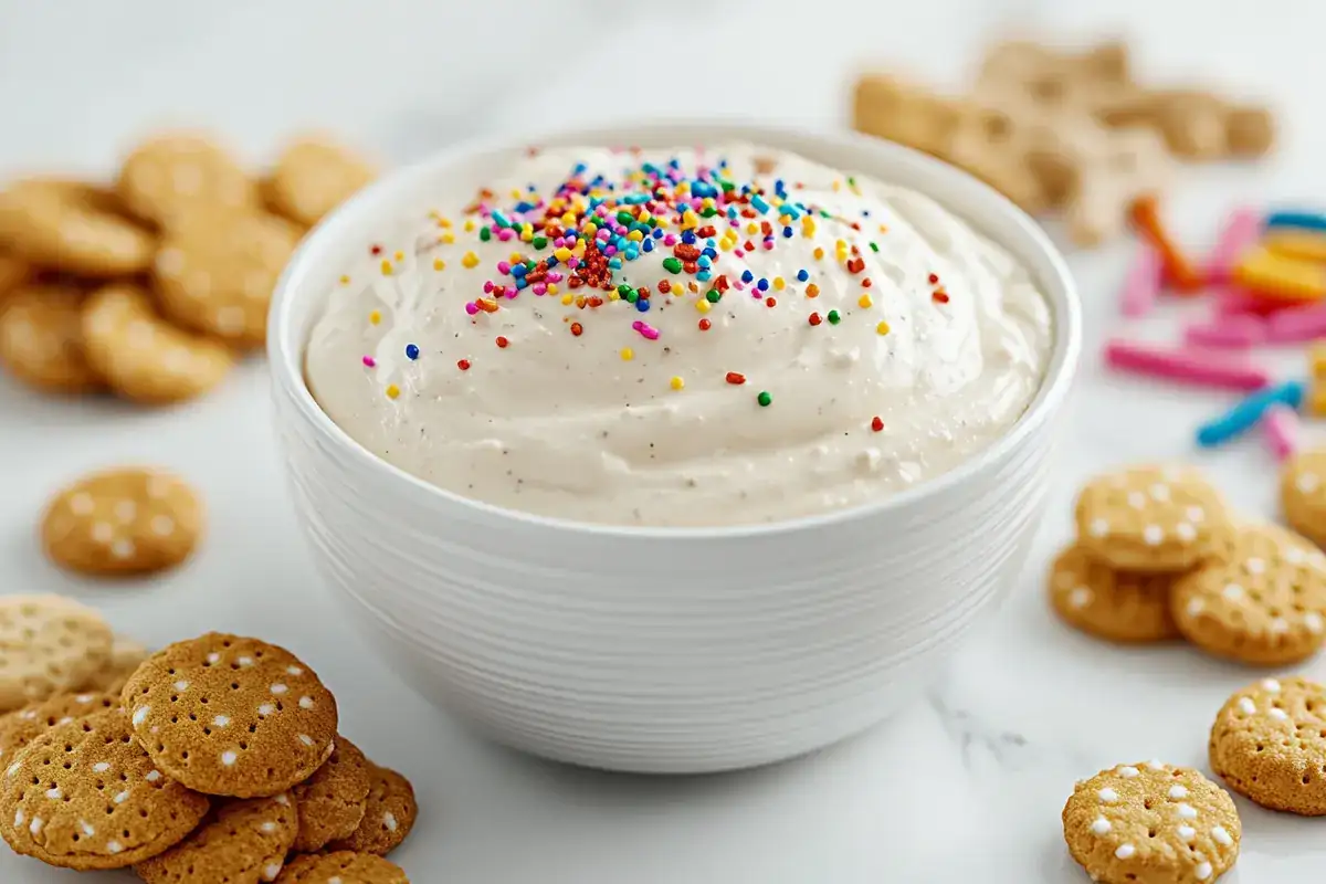 "A creamy bowl of Dunkaroo Dip with rainbow sprinkles, served with cookies on a white marble surface."