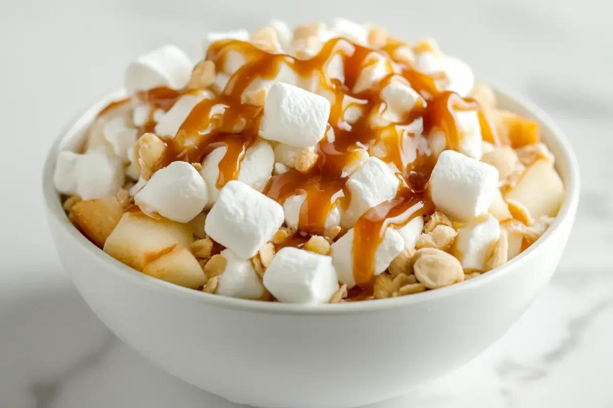 Taffy Apple Salad in a bowl with caramel drizzle.