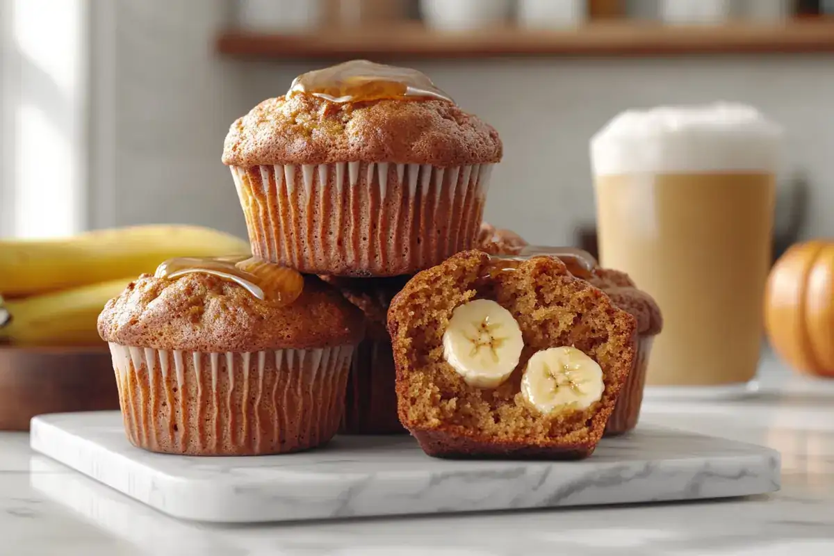 Freshly baked Pumpkin Banana Muffins on a marble countertop