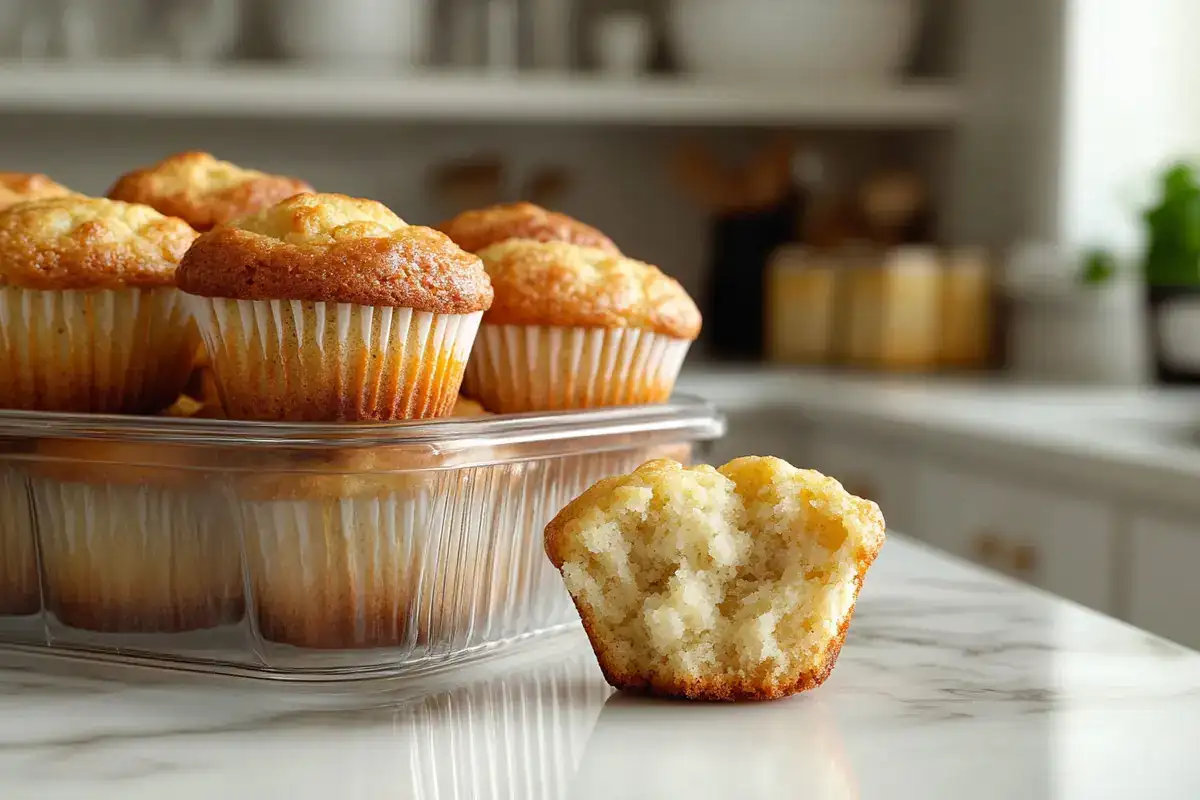 Freshly baked golden-brown muffins on a white marble countertop.