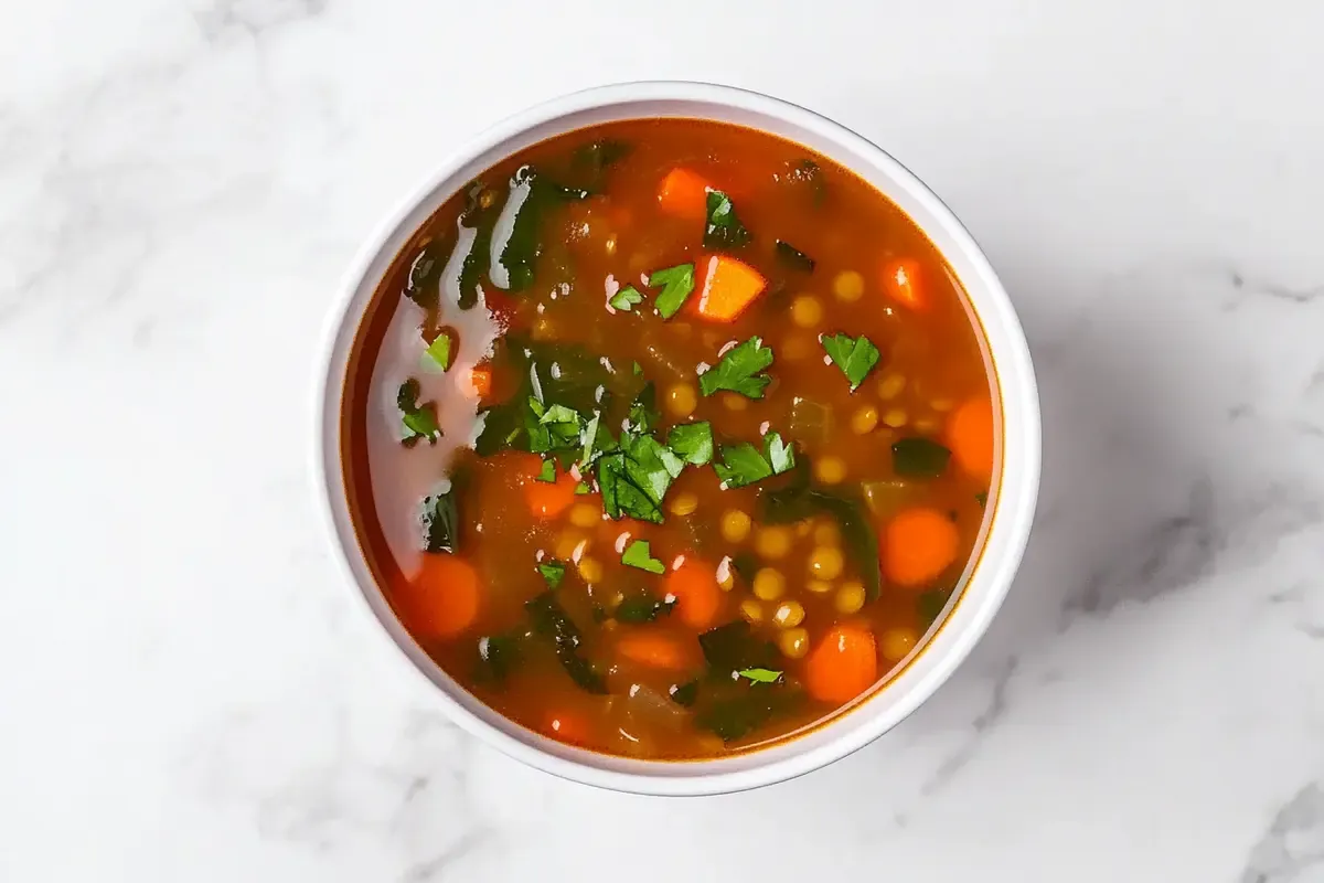 A bowl of steaming vegetable soup on a white marble countertop.