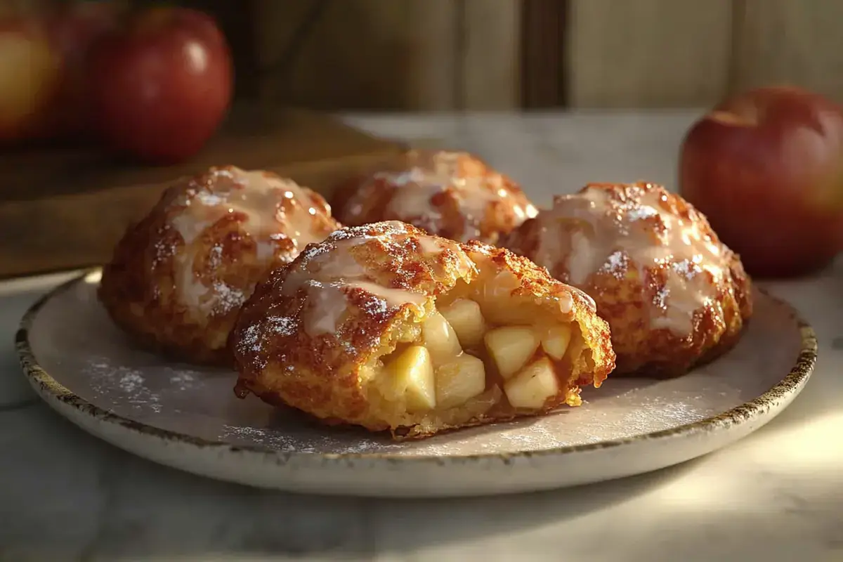 Freshly baked apple fritters on a white marble countertop