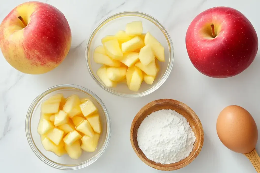 Flour, apples, eggs, and sugar arranged on a marble countertop