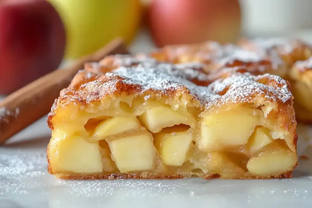 Close-up of a sliced baked apple fritter showing its moist interior