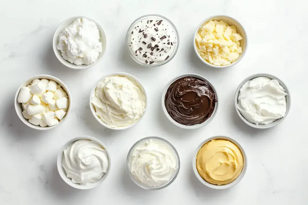 Different frosting options for angel food cake on a marble surface	