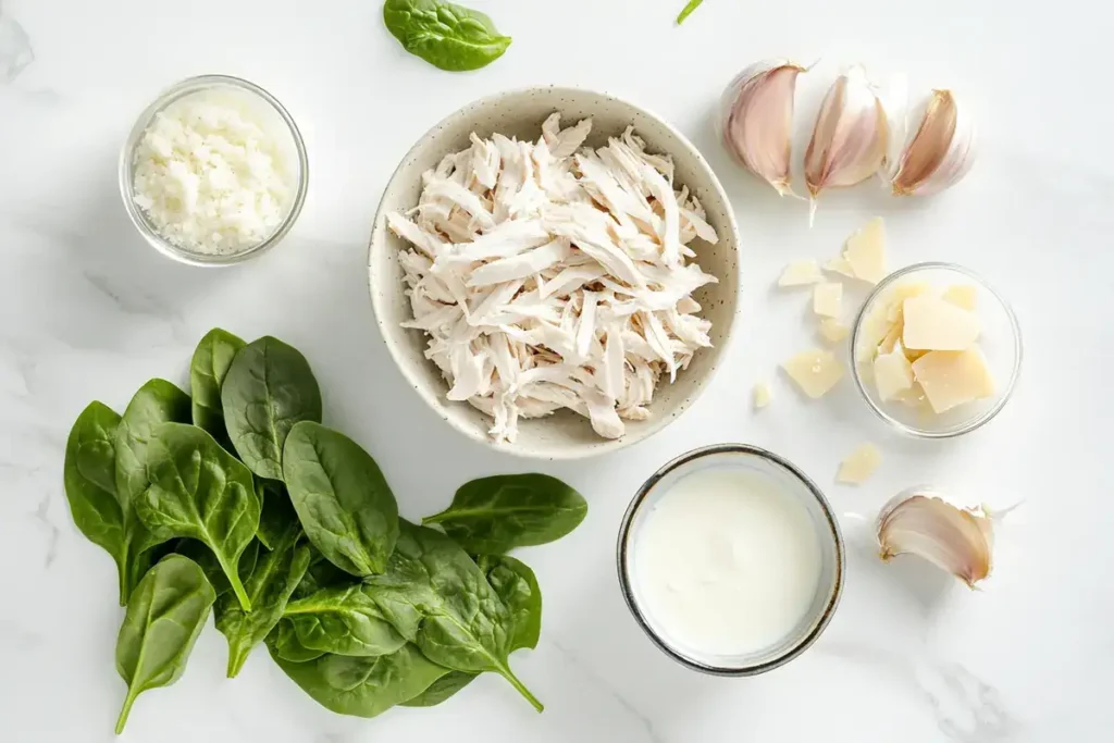 Ingredients for chicken Florentine soup on a marble surface	