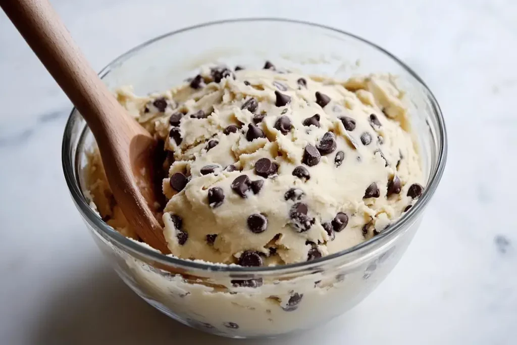 Thick Crisco Chocolate Chip Cookie dough in a glass mixing bowl