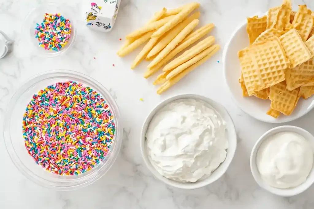 "Ingredients for Dunkaroo Dip, including Funfetti cake mix, Cool Whip, Greek yogurt, and sprinkles, laid out on a marble counter."

