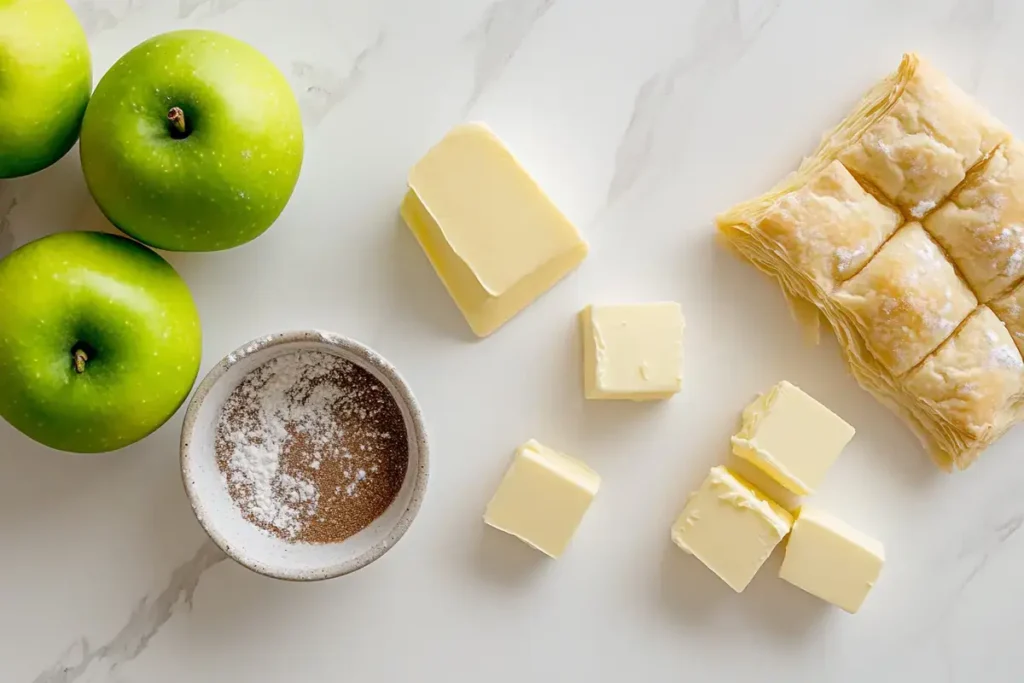 Ingredients for Apple Puff Pastry on White Marble