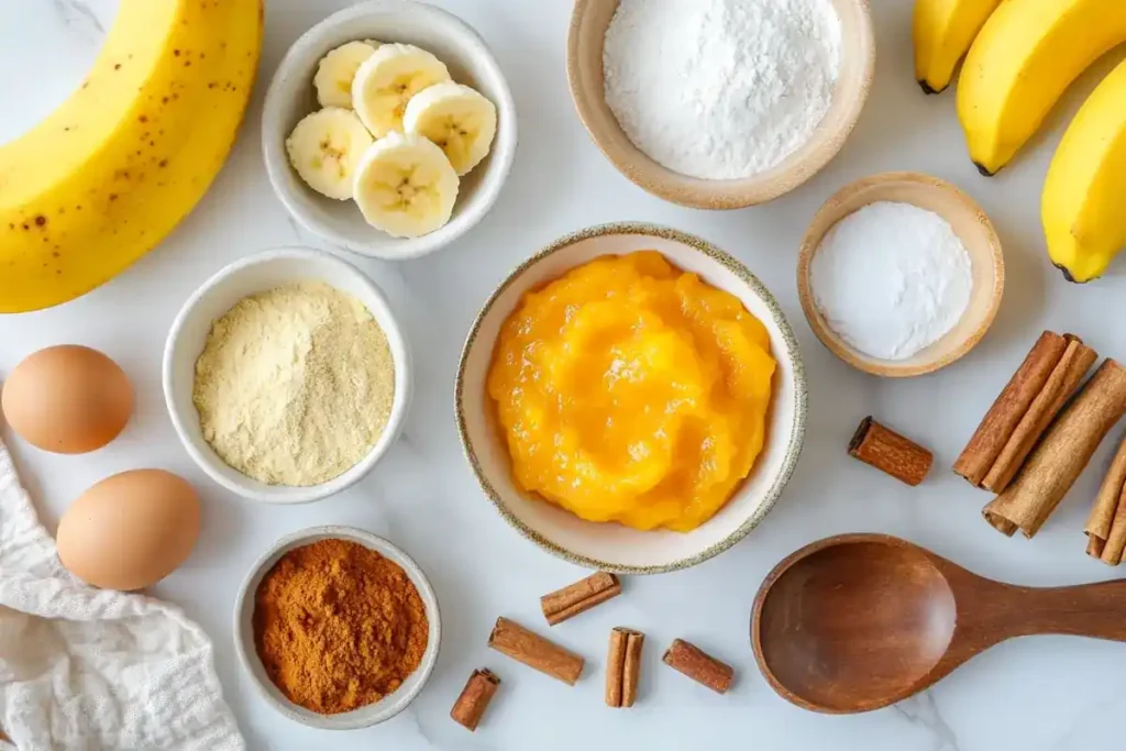 Pumpkin Banana Muffin ingredients on a marble countertop