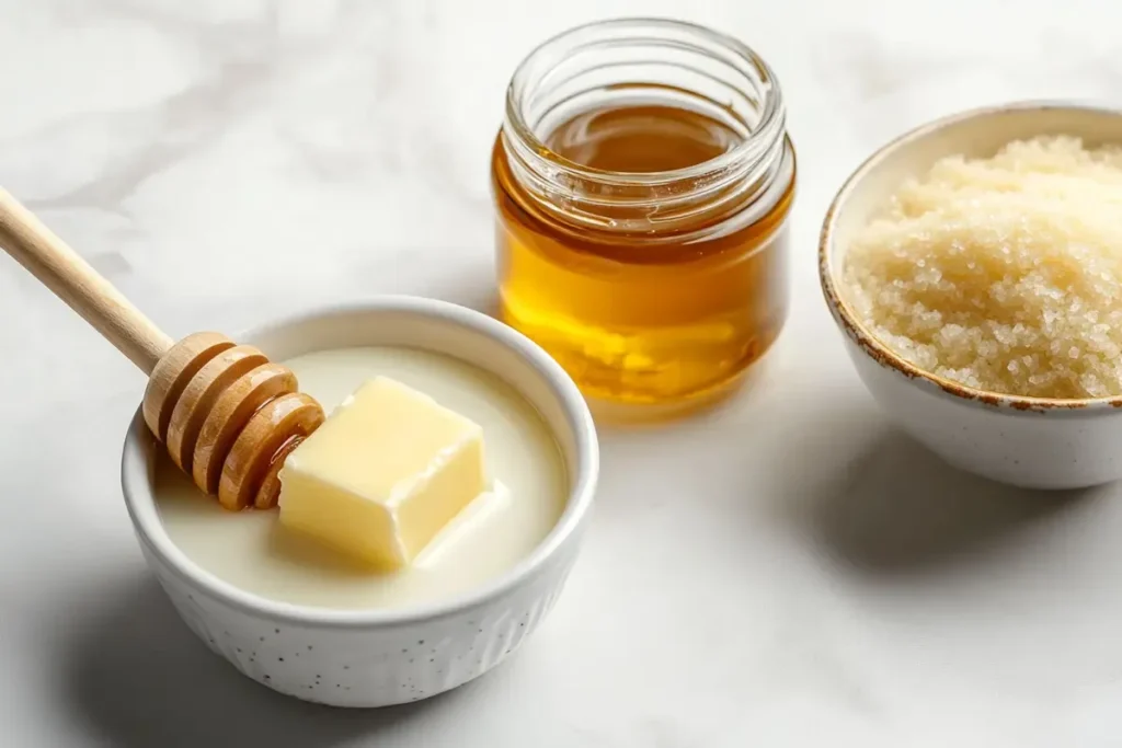 Buttermilk, honey, butter, and brown sugar arranged on a marble countertop.