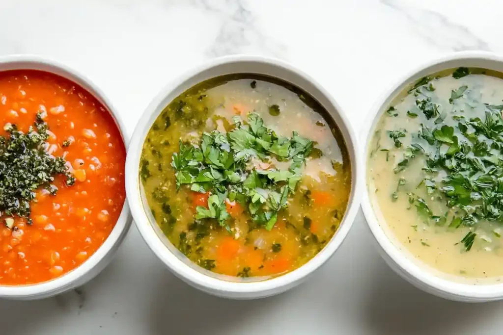 Three bowls of healthy weight-loss soups on a marble countertop