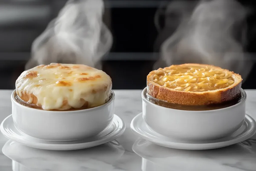 A classic and a diet-friendly version of French onion soup side by side.