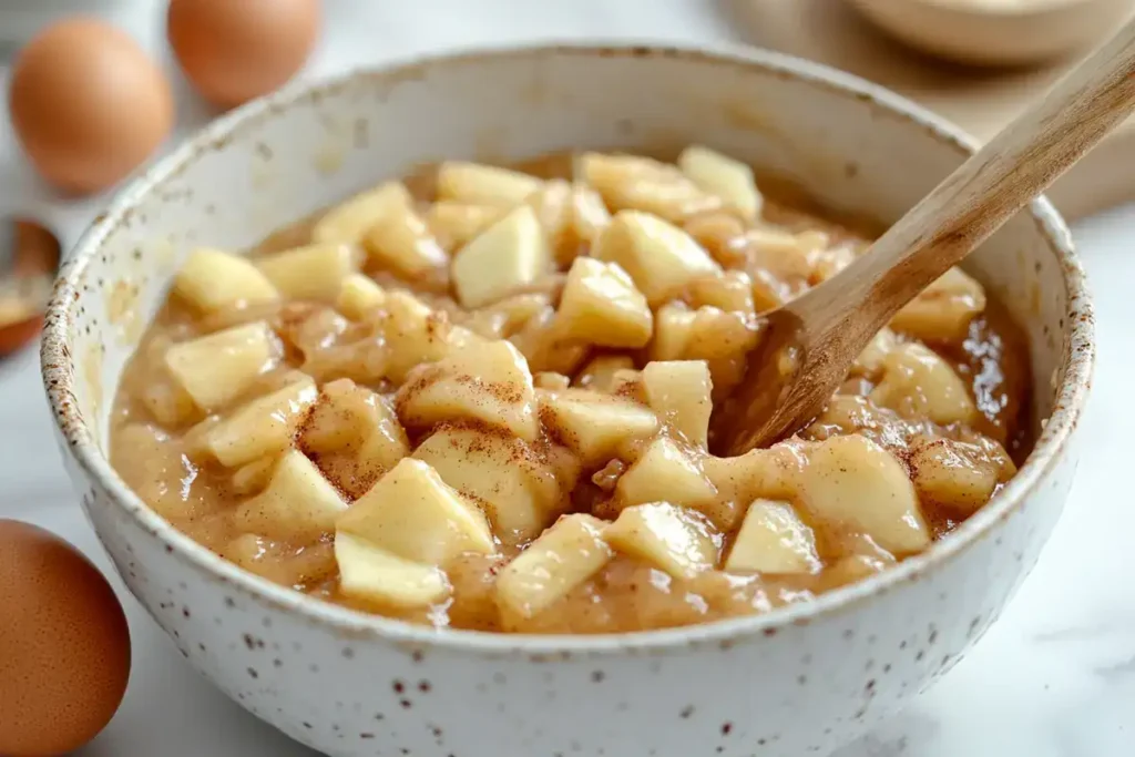 Apple fritter batter being mixed in a bowl on a marble countertop