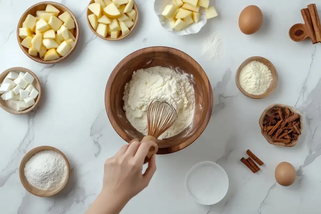 Ingredients for Baked Apple Fritters on a white marble countertop