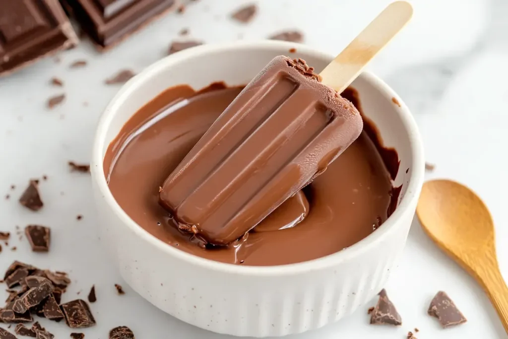 Vanilla ice cream popsicle being dipped into melted chocolate	