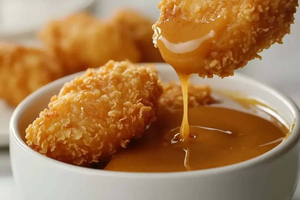 Crispy air-fried chicken nugget being dipped into sauce	