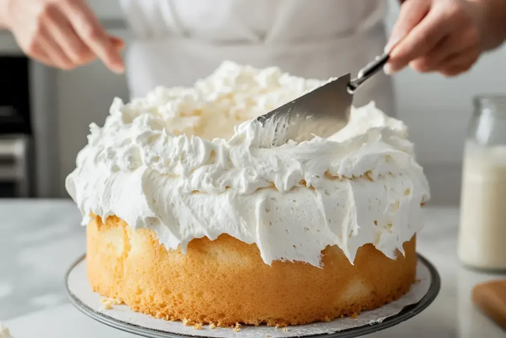 Angel food cake being frosted with whipped cream	