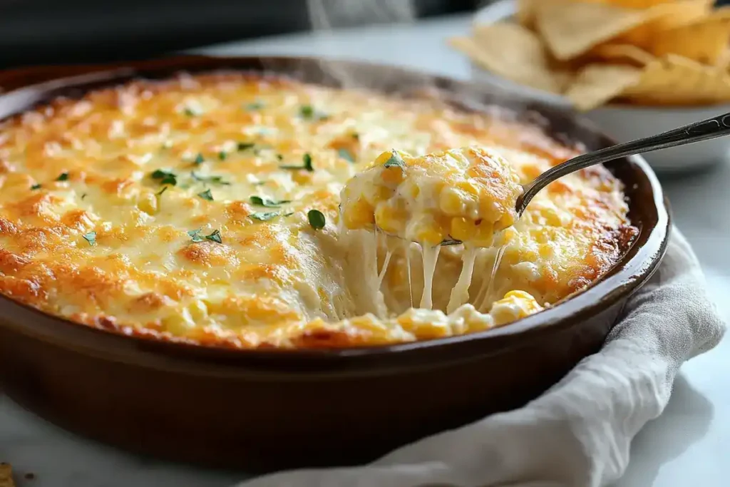 Baked corn dip with cream cheese in an oven dish	