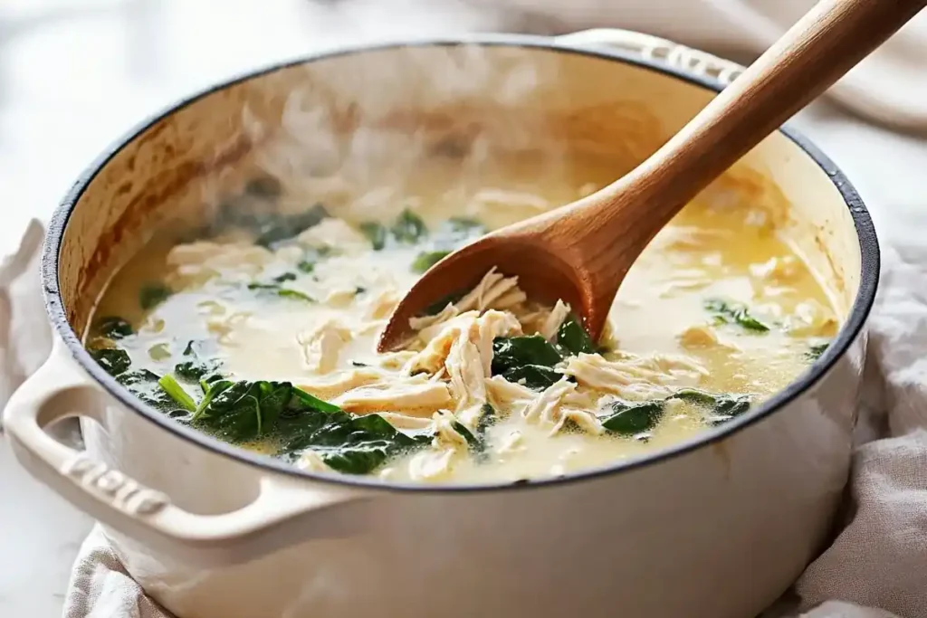 Chicken Florentine soup cooking in a Dutch oven	