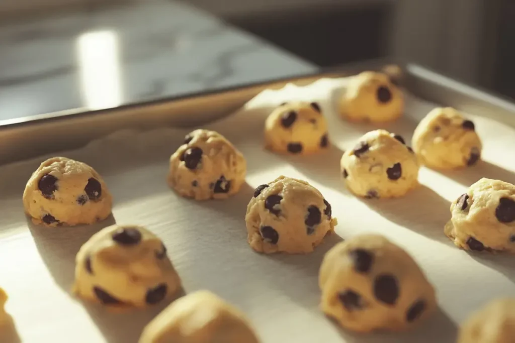 Raw Crisco Chocolate Chip Cookie dough balls on a baking tray.