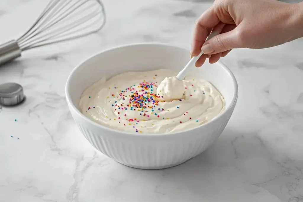 "A hand stirring Dunkaroo Dip in a white ceramic bowl, mixing in rainbow sprinkles on a white marble counter."