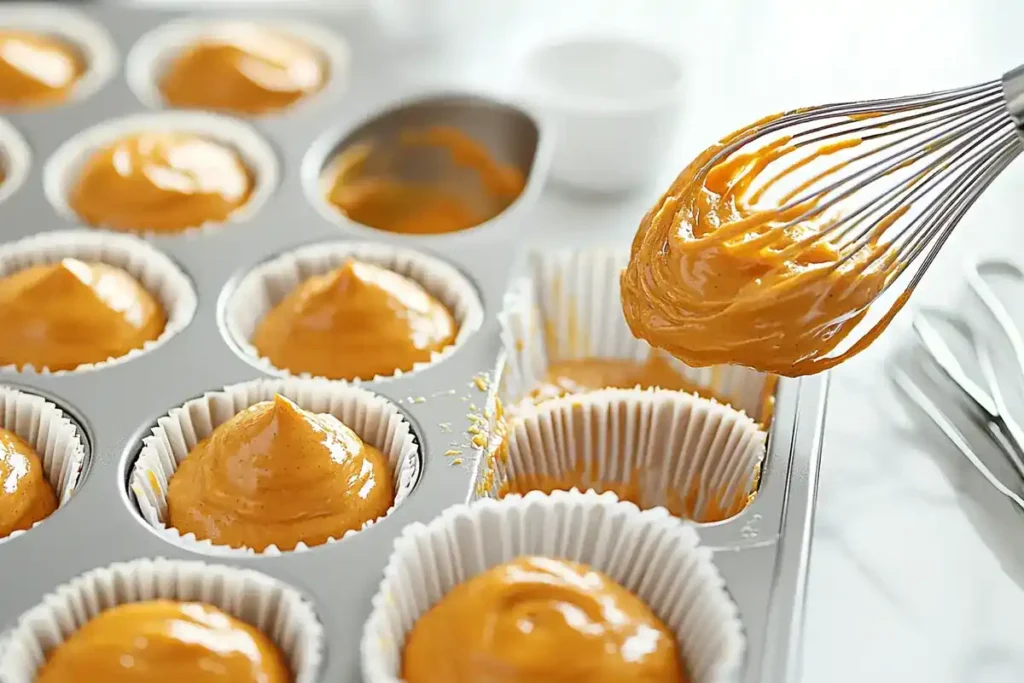 Pumpkin Banana Muffin batter being poured into muffin tins