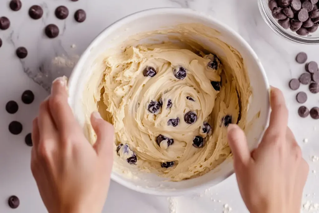 A baker mixing muffin batter in a white ceramic bowl.