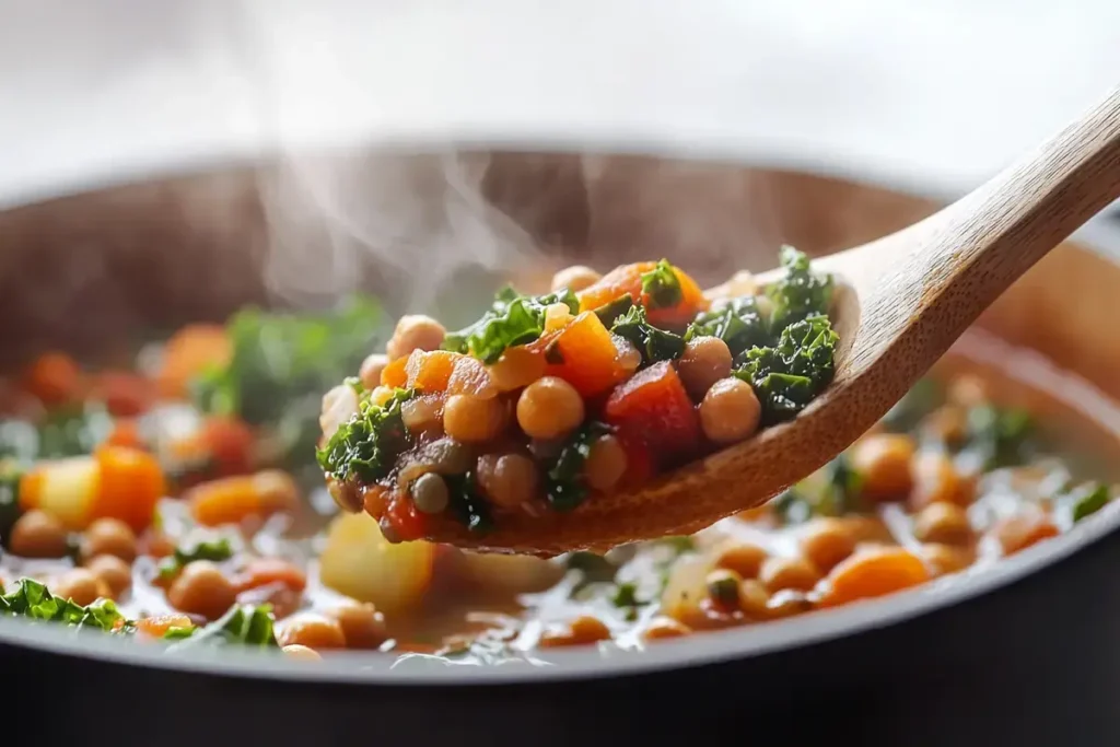 A ladle scooping vegetable and lentil soup from a pot.