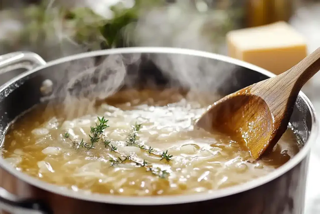 A pot of simmering French onion soup with caramelized onions.