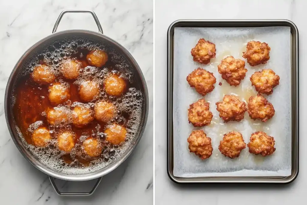 Side-by-side comparison of frying vs. baking apple fritters