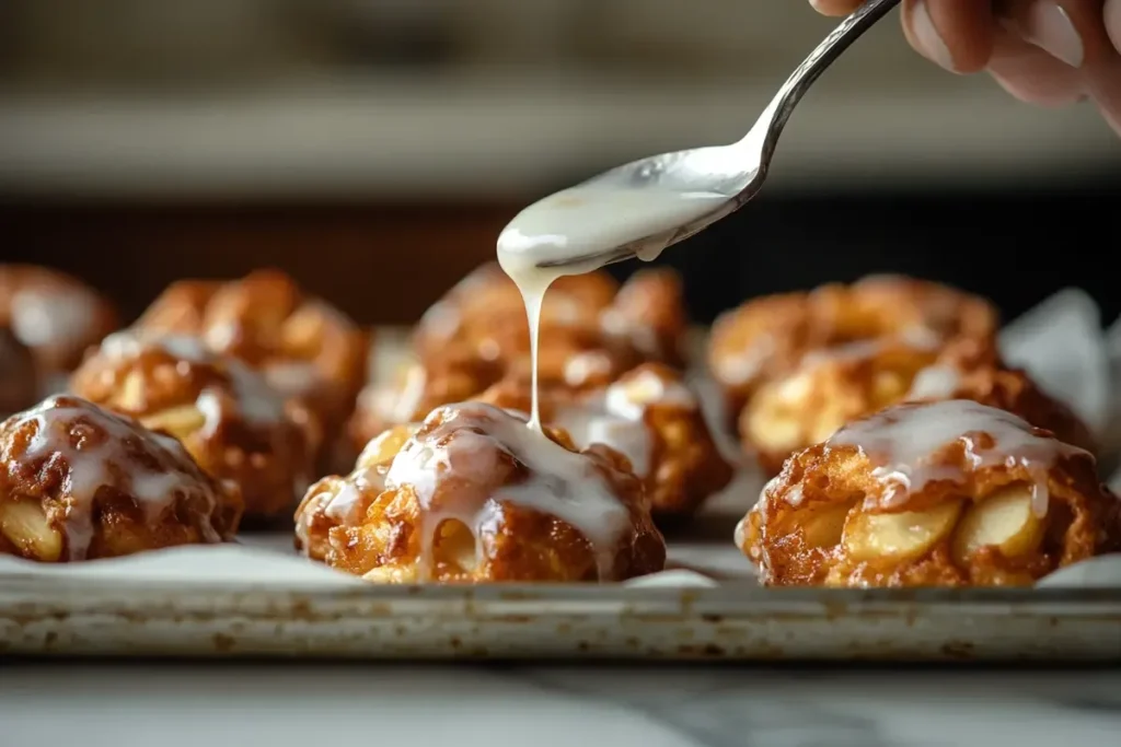 Freshly baked apple fritters being glazed with icing